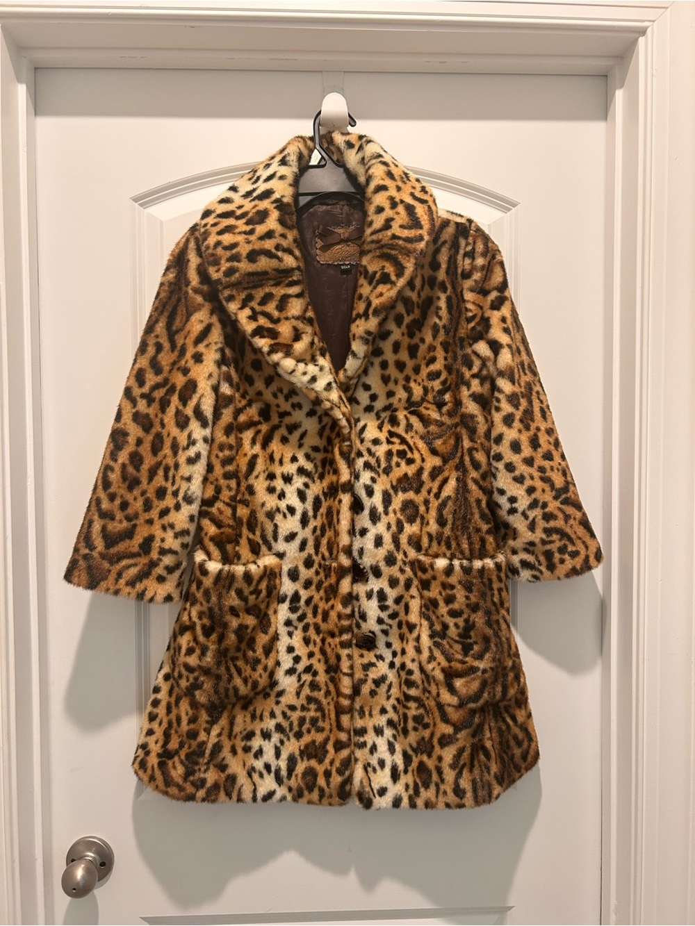 Vintage GUESS Leopard Faux Fur Coat Women’s S Statement Collar Y2K Glam
